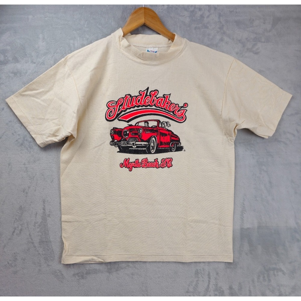 Vtg Carolina Smile Studebaker Myrtle Beach SC Shirt Large Beige USA Made Graphic